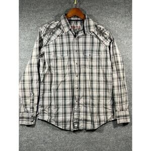 Rock 47 Pearl Snap Shirt Men's Large Gray Plaid Long Sleeve 100% Cotton Western